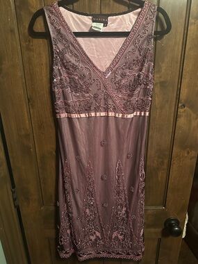 MARINA dusty mauve beaded V-neck midi dress